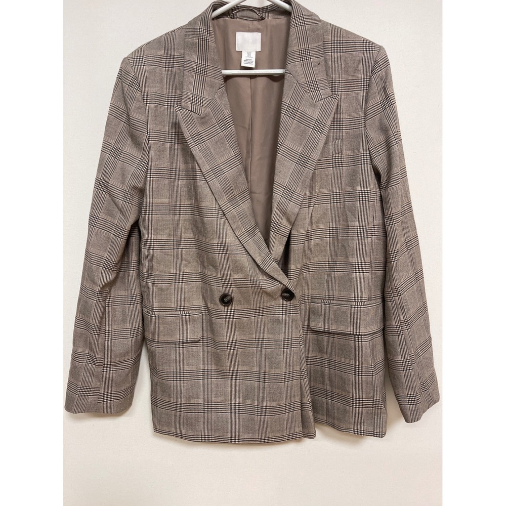HM Brown Glen Plaid Double Breasted Blazer Jacket Size Medium Peak Lapel
